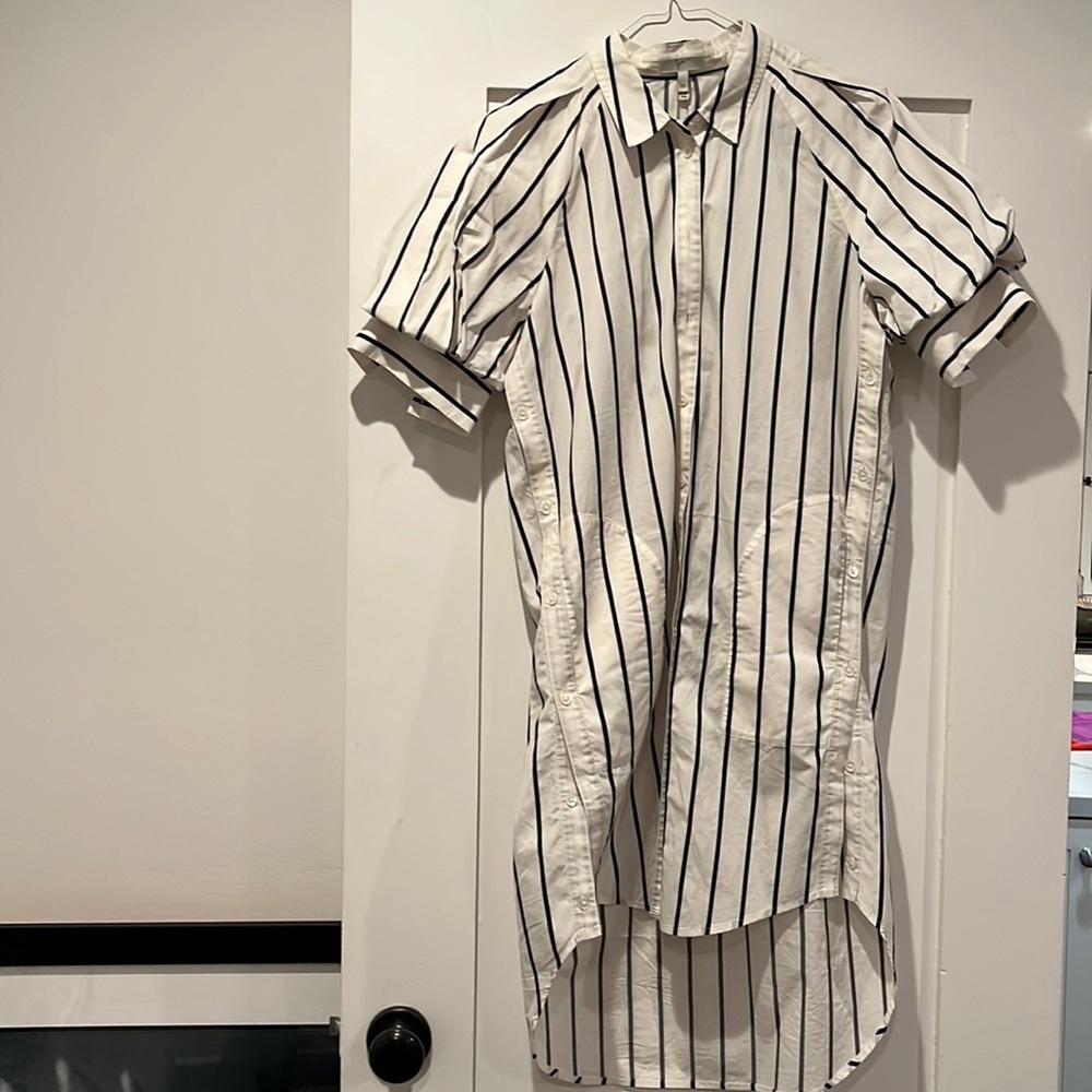 Blue and white striped joke oversized shirt dress